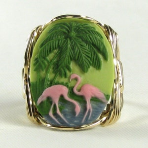 Tropical Pink Flamingo Cameo Ring 14Kt Rolled Gold Custom Jewelry