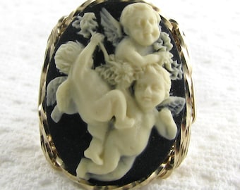 Baby Angel Cherubs Cameo Ring 14K Rolled Gold Jewelry