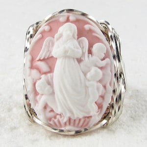 Guardian Angel Cherub Pink Cameo Ring Sterling Silver