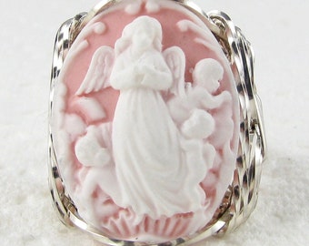 Ángel de la Guarda Querubín Rosa Cameo Anillo Plata de Ley