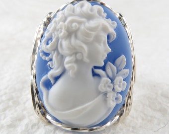 Edwardian Lady Blue Cameo Ring Sterling Silver Jewelry