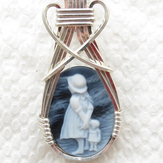 Girl Doll Black Agate Oval Stone Cameo Pendant Sterling Jewelry Any Size