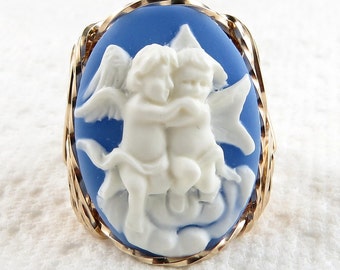 Angel Cherubs Blue Cameo Ring 14Kt Rolled Gold Custom Jewelry