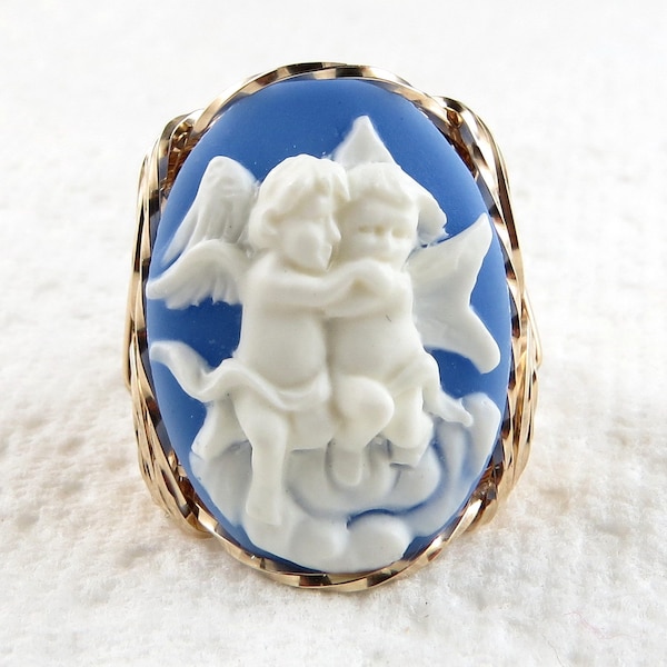 Angel Cherubs Blue Cameo Ring 14Kt Rolled Gold Custom Jewelry