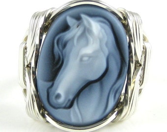 Horse Agate Cameo Ring Sterling Silver Custom Jewelry