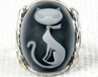 Classy Kitty Cat Cameo Ring Sterling Silver Custom Jewelry