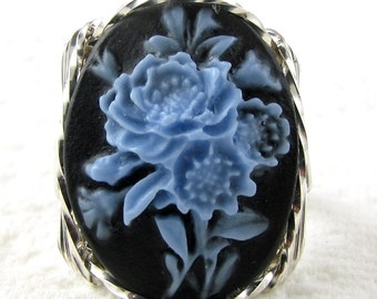 Anello con cammeo a forma di bouquet di rose blu, gioielli in argento sterling