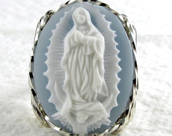 Our Lady Of Guadalupe Blue Cameo Ring Sterling Silver Religious Jewelry