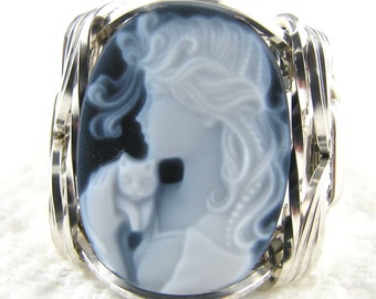 Fine Lady Cat Agate Cameo Ring Sterling Silver Custom Jewelry