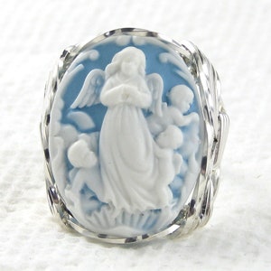 Guardian Angel Cherubs Blue Cameo Ring Sterling Silver Jewelry