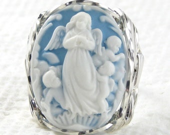 Ángel de la guarda querubines anillo de cameo azul joyas de plata esterlina