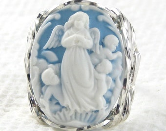 Guardian Angel Cherubs Blue Cameo Ring Sterling Silver Jewelry