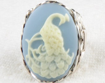 Peacock Blue Cameo Ring Sterling Silver Custom Jewelry