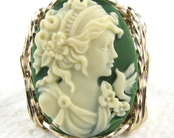 Grecian Goddess Dove Cameo Ring 14K Rolled Gold Jewelry