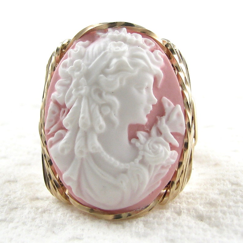 Lady Butterfly Pink Cameo Ring 14Kt Rolled Gold Custom Jewelry image 1