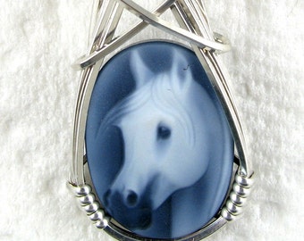 Fine Black Agate Horse Cameo Pendant Sterling Silver Jewelry