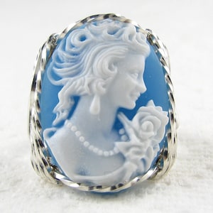 Lady Rose Blue Cameo Ring Sterling Silver Custom Jewelrly