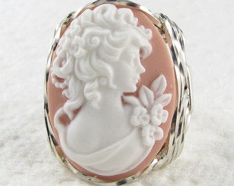 Edwardian Era Lady Pink Cameo Ring Sterling Silver Custom Jewelry