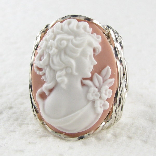 Edwardian Era Lady Pink Cameo Ring Sterling Silver Custom Jewelry