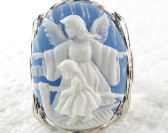 Ángel de la Guarda Niño Cameo Azul Anillo De Plata De Plata Esterlina