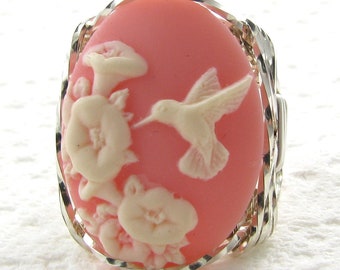 Hummingbird Pink Cameo Ring Sterling Silver Custom Jewelry