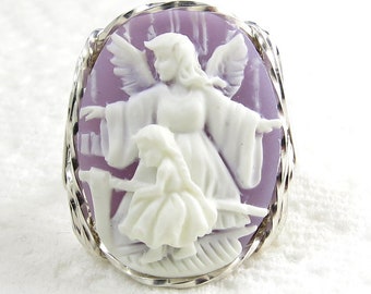 Guardian Angel Child Purple Cameo Sterling Silver Ring