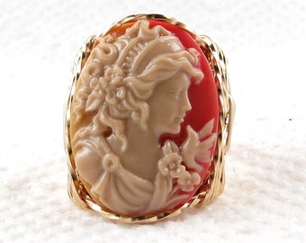 Grecian Goddess Dove Cameo Ring 14K Rolled Gold Jewelry Any Size