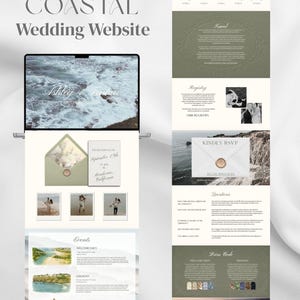 以下が含まれることがあります： ノートパソコンと印刷物で表示される、海岸をテーマにした結婚式のウェブサイトのデザイン。 ウェブサイトには、波の画像、結婚式のタイムライン、RSVPの詳細、イベント情報が含まれています。 カラーパレットには、緑、白、ベージュの色合いが含まれています。