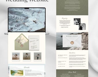 Puede incluir: Diseño de sitio web de boda con temática costera, mostrado en una computadora portátil y materiales impresos. El sitio web presenta una imagen de olas, un calendario de bodas, detalles de RSVP e información del evento. La paleta de colores incluye tonos de verde, blanco y beige.