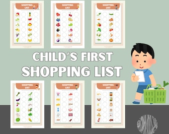 Puede incluir: Una lista de la compra imprimible para niños con cinco listas diferentes que incluyen varios artículos de comida. Las listas están diseñadas para ayudar a los niños a aprender sobre diferentes tipos de alimentos y cómo comprar comestibles. Las listas son coloridas y atractivas, con imágenes de frutas, verduras, productos lácteos y otros artículos de comestibles comunes.