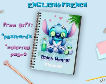 May include: A spiral-bound planner with a light blue cover featuring a cartoon character with cucumber slices on its eyes. The planner is labeled "Bilingual Planner Bundle - English & French" and includes "free gift" of postcards and coloring pages.