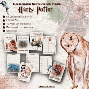 May include: A digital planner featuring Harry Potter themed illustrations. The planner includes 85 pages, 49 divider pages, and designer illustrations. The planner is in A5 format and undated.