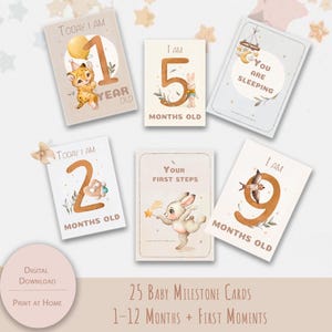 Cartes bébé étape importante – 25 accessoires photo numériques | 1-12 mois + premières | Bonjour tout le monde, Première dent, Assis | Cartes photo imprimables pour bébé