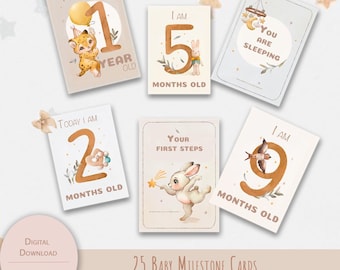 Baby Milestone Cards – 25 Digital Photo Props | 1-12 Months + Firsts | Hello World, First Tooth, Sitting | Printable Baby Photo Cards