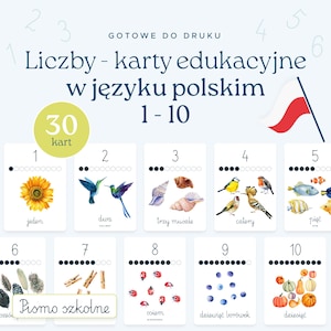 Poolse getallenflashcards 1-10 | Printbare educatieve kaarten voor kinderen | Tellen en taal leren in het Pools | Direct downloaden