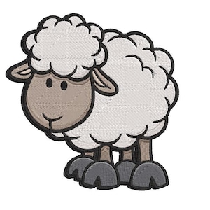 Könnte beinhalten: Eine Cartoon-Illustration eines weißen Schafs mit einem flauschigen Kopf und schwarzen Augen. Das Schaf hat eine braune Nase und schwarze Hufe.