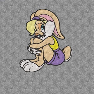 Puede incluir: Un conejo de dibujos animados con orejas rosas y una camiseta amarilla está sentado con las piernas cruzadas y los brazos envueltos alrededor de sus piernas. Lleva una falda morada y una diadema blanca.