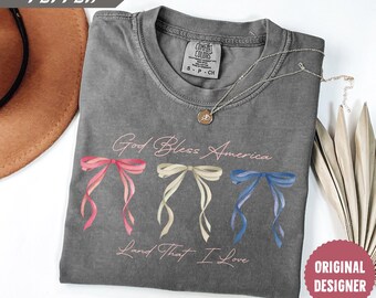 Comfort Colors® 4th of July Shirt, God Bless America Shirt, 4th of July Bow Shirt, American Coquette Bow Shirt, Independence Day Shirt