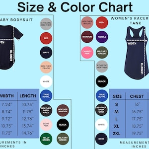 Puede incluir: Tabla de tallas y colores para bodys de beb&eacute; y tanques de espalda de nadador para mujeres. La tabla muestra las medidas en pulgadas para las diferentes tallas, incluyendo el ancho, la longitud y el pecho. La tabla tambi&eacute;n muestra una variedad de colores disponibles para cada prenda.