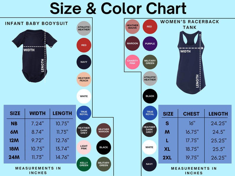 Puede incluir: Tabla de tallas y colores para bodys de beb&eacute; y tanques de espalda de nadador para mujeres. La tabla muestra las medidas en pulgadas para las diferentes tallas, incluyendo el ancho, la longitud y el pecho. La tabla tambi&eacute;n muestra una variedad de colores disponibles para cada prenda.