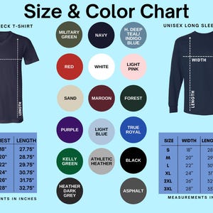 Puede incluir: Tabla de tallas y colores para camisetas unisex de cuello en V y manga larga. La tabla muestra diferentes colores, tallas y medidas en pulgadas para ambos estilos. Los colores incluyen verde militar, azul marino, azul &iacute;ndigo azul teal profundo, rojo, blanco, rosa claro, arena, granate, bosque, morado, azul claro, azul real, verde kelly, gris deportivo, negro, gris oscuro jaspeado y asfalto.
