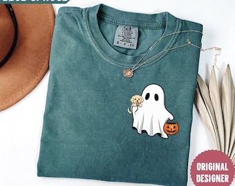 Comfort Colors® Сute Ghost and Dog Shirt, Halloween Golden Retriever Shirt, Dog Mom Halloween Gift Shirt, Ghost Dog Owner Shirt, Golden Tee