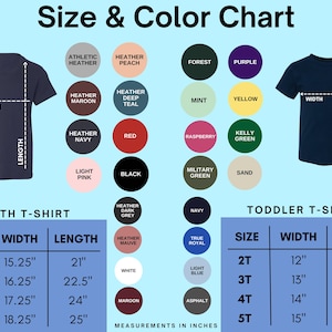 Puede incluir: Tabla de tallas y colores para camisetas de ni&ntilde;os y beb&eacute;s. La tabla muestra las medidas de ancho y largo en pulgadas para cada talla. La tabla tambi&eacute;n incluye una paleta de colores con varios tonos de jaspeado, azul marino, rojo, negro, verde, etc.