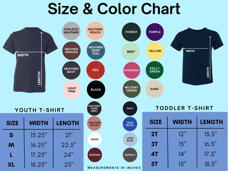 Puede incluir: Tabla de tallas y colores para camisetas de ni&ntilde;os y beb&eacute;s. La tabla muestra las medidas de ancho y largo en pulgadas para cada talla. La tabla tambi&eacute;n incluye una paleta de colores con varios tonos de jaspeado, azul marino, rojo, negro, verde, etc.