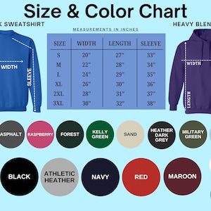 Puede incluir: Tabla de tallas y colores para sudaderas con cuello redondo y sudaderas con capucha de mezcla pesada. La tabla muestra las medidas en pulgadas para las diferentes tallas, incluyendo el ancho, la longitud y la longitud de la manga. La tabla tambi&eacute;n incluye una paleta de colores con varios colores para ambos tipos de camisas.