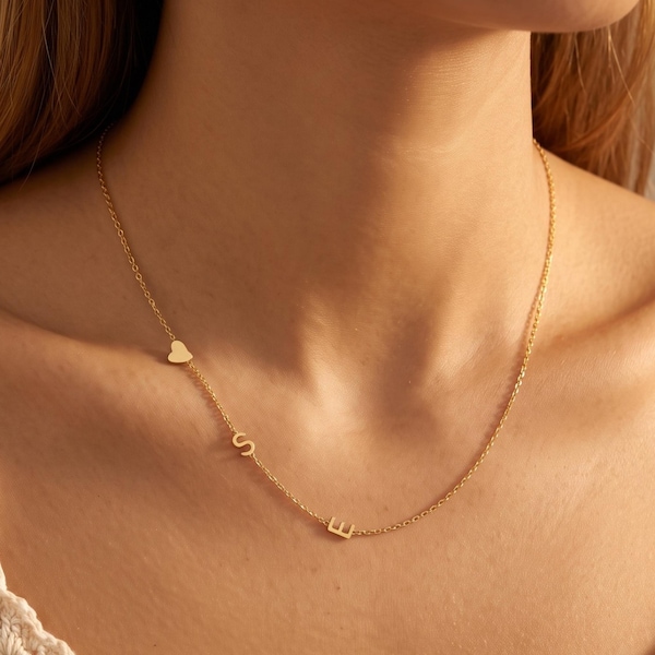 14k Gold Sideway Initials Necklace With Heart, Gold Custom Name Jewellery, Personalised Couples Jewellery, Bridesmaid Gift, Christmas Gifts