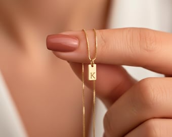 Custom Initial Tag Necklace, 14k Gold Personalized Engraved Letter and Custom Symbol Necklace