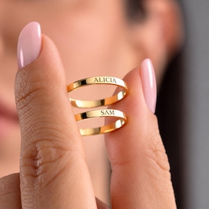 14k guld fin namnring, små vigselringar, personlig graverad ring, löfteringar för par, mors dag-presenter, julklapp