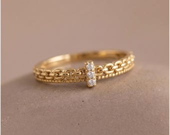 Sierlijke schakelring met diamanten staaf van 3 stenen, minimalistische kettingring, stapelbandsieraden, beloftering, jubileumcadeau, Moederdag