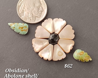 Genuine Kingman Turquoise, Abalone Shell, and Obsidian Daisy. 11pc Set. Handmade. Backed and stabilized. #1407